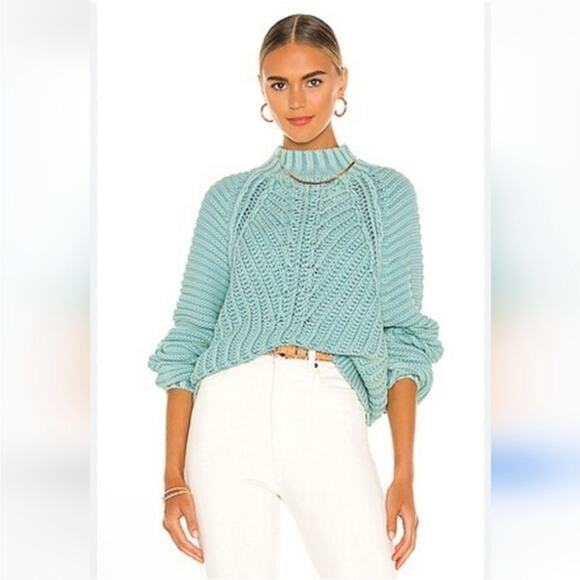 Free People Sweetheart Mock Neck Chunky Sweater in Ocean Pearl Blue Size S - Picture 1 of 7